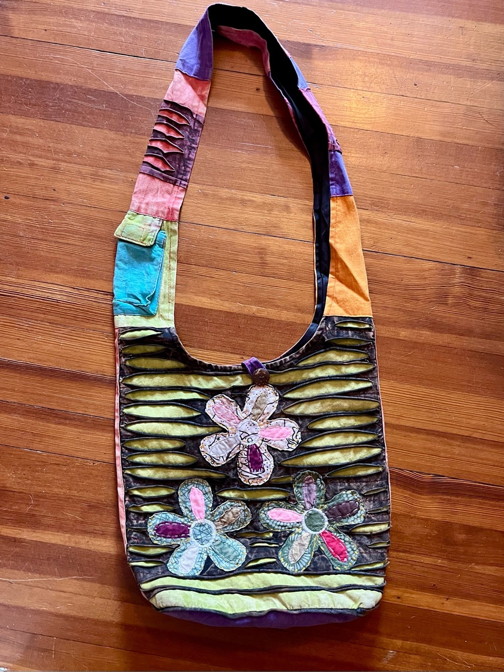 Bright Boho Floral Patchwork Hobo Bag Made in Nepal with Phone Pocket